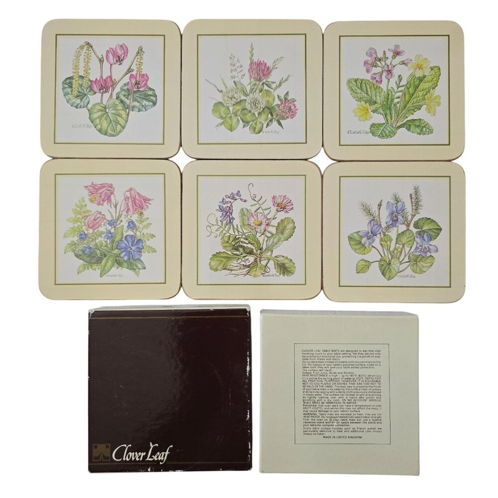 Set 6 Clover Leaf Vintage Cork Coasters 4" VIRGINIA USA Floral Elizabeth Rice